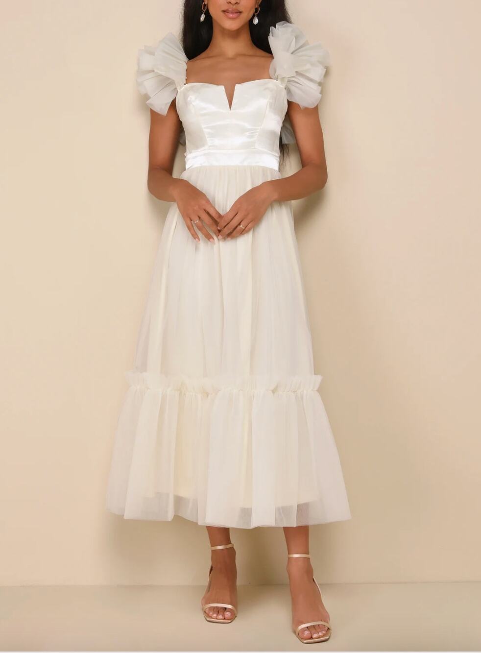 Lulus Angelic Radiance Cream Tulle Ruffled Midi Dress Wedding Bride Bridal